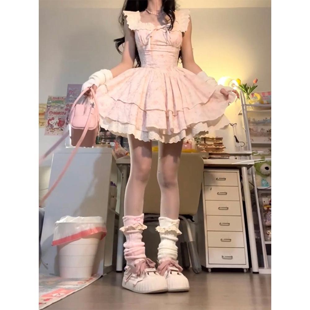 

Сладкая Spice Girl Сакура Плетение Плюмаж Цветочное Платье Женское Летнее Французское Первая Любовь Платье Принцессы Торт Талия Пышное Платье S- (can be worn within 45kg) розовый