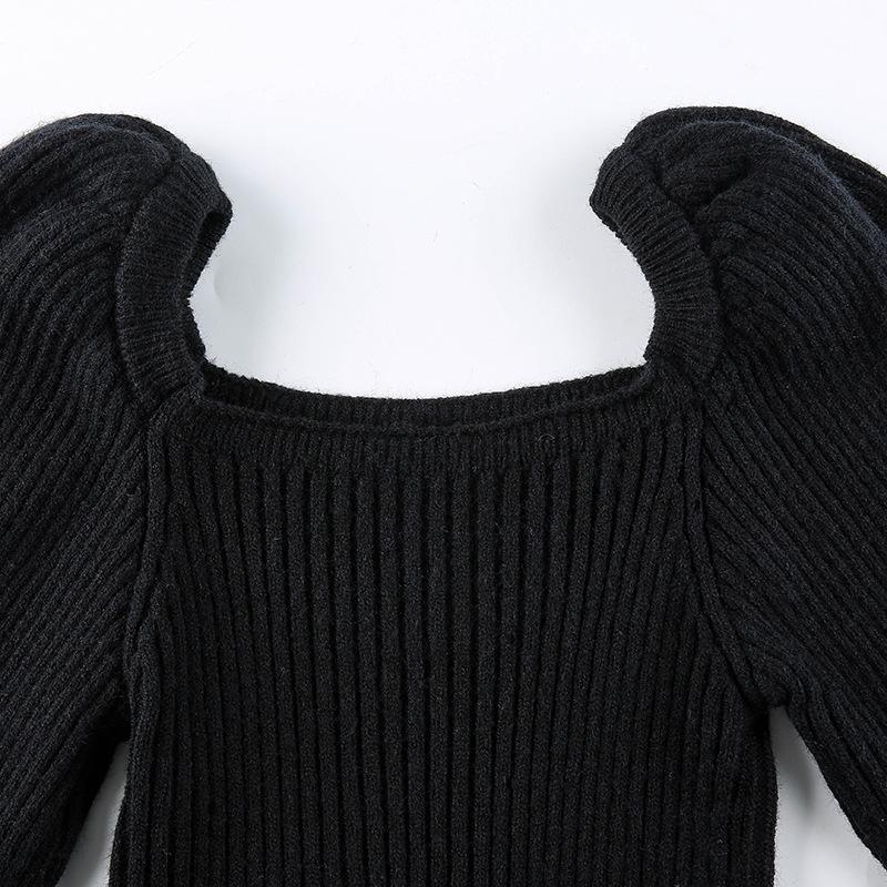 Thickened Square Neck Puff Sleeve Knit Top - Women's Slimming Waist Autumn/Winter Sweater