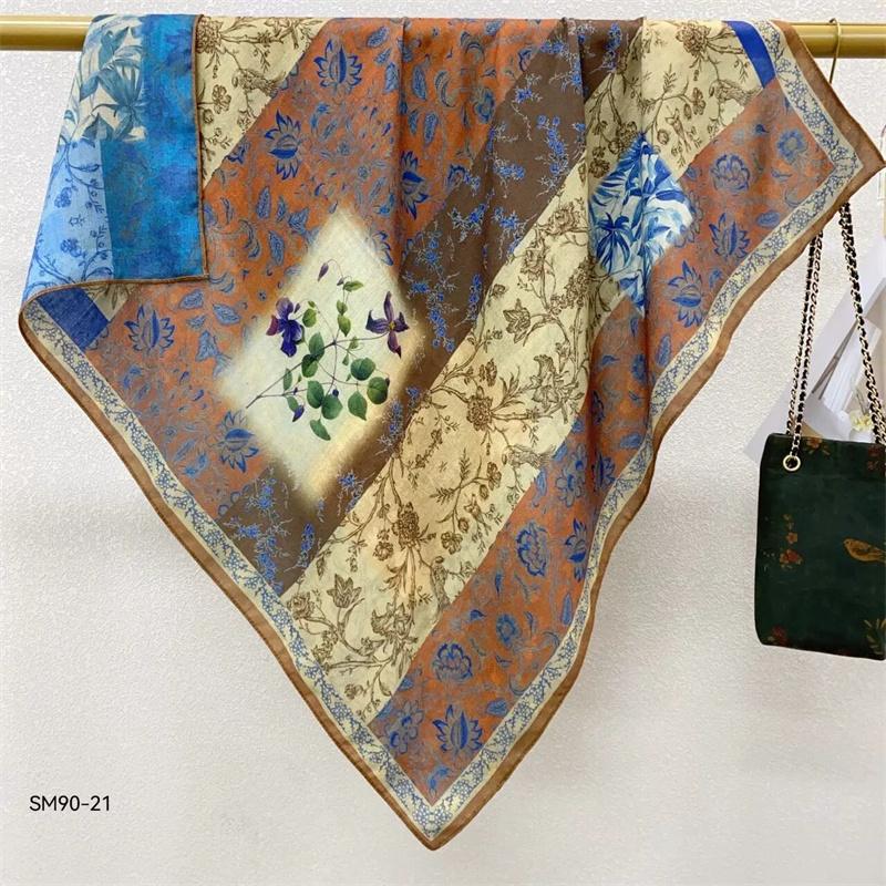 Double-Sided Faux Silk And Wool Printed Scarf For Women Spring And Autumn 90Cm Square Scarf Foulard Bandana Femmel Headscarf