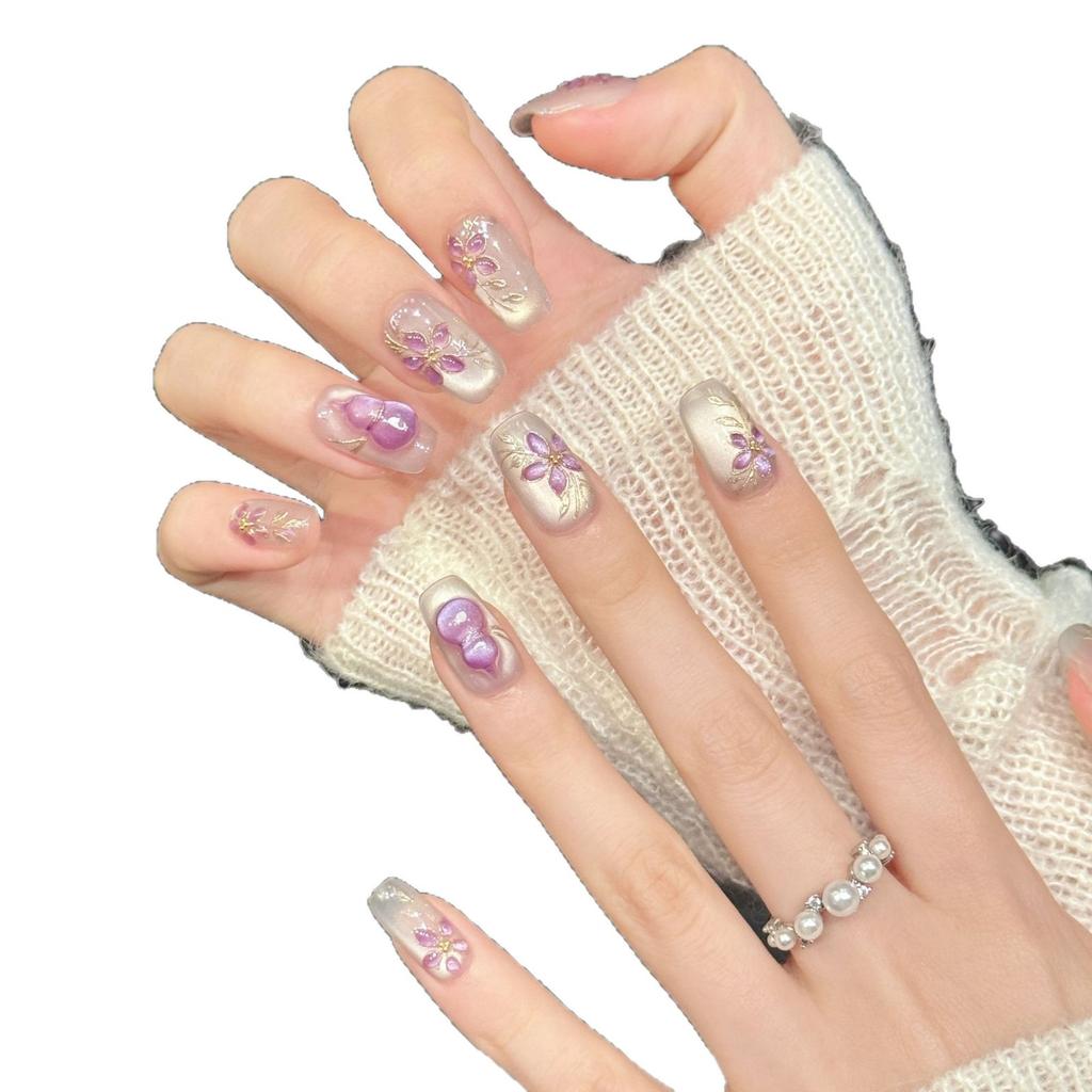Chinese Style Press-On Nails Set with Elegant Purple Floral Carved Design Reusable Handmade Nail Art Tips