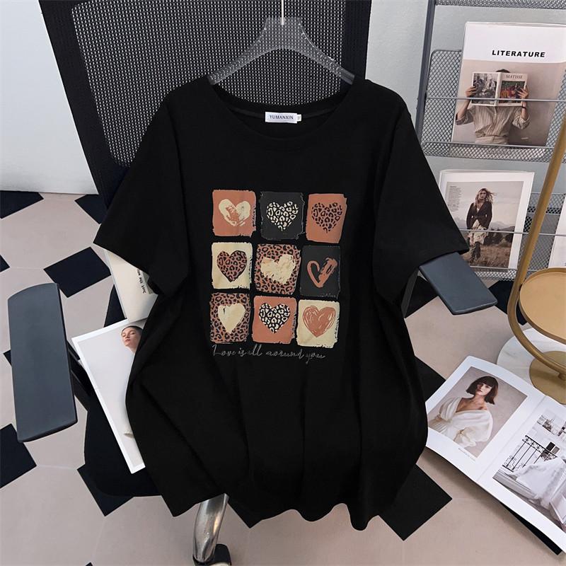 Plus Size Women's Mid-Length Loose Fit Round Neck Short Sleeve T-Shirt (200/300/350 Jin)