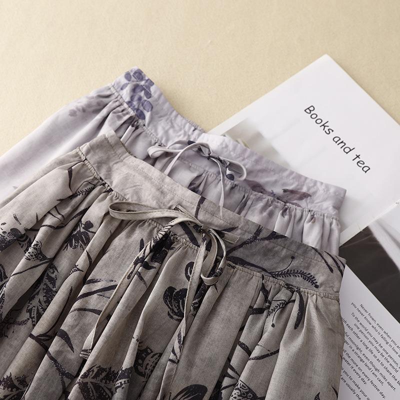 Real shot summer new literary and retro loose printing elastic waist skirt women's medium and long