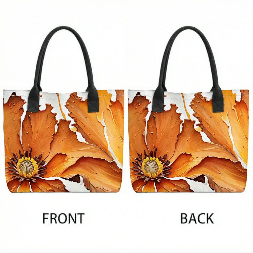 Orange Floral Print Tote Bag Casual Large Capacity Handbag for Daily Use