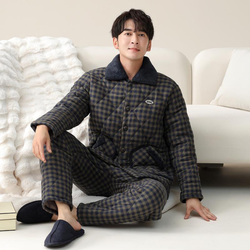 Pajamas Men'S Winter Three-Layer Pure Cotton Padded Thickened Fleece Warm Winter Coral Fleece Large Size Loungewear Set