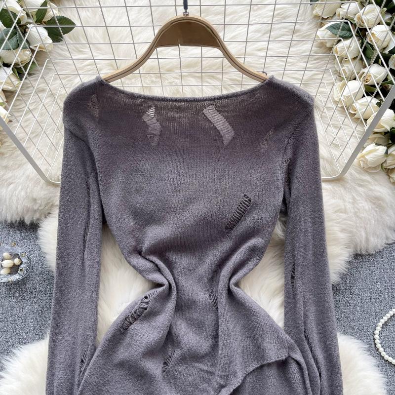 Ležérní pletený svetr Pure Desire pro ženy s dutým vintage designem, nepravidelný svetr, elegantní dámská móda s dlouhým rukávem, podkladová košile