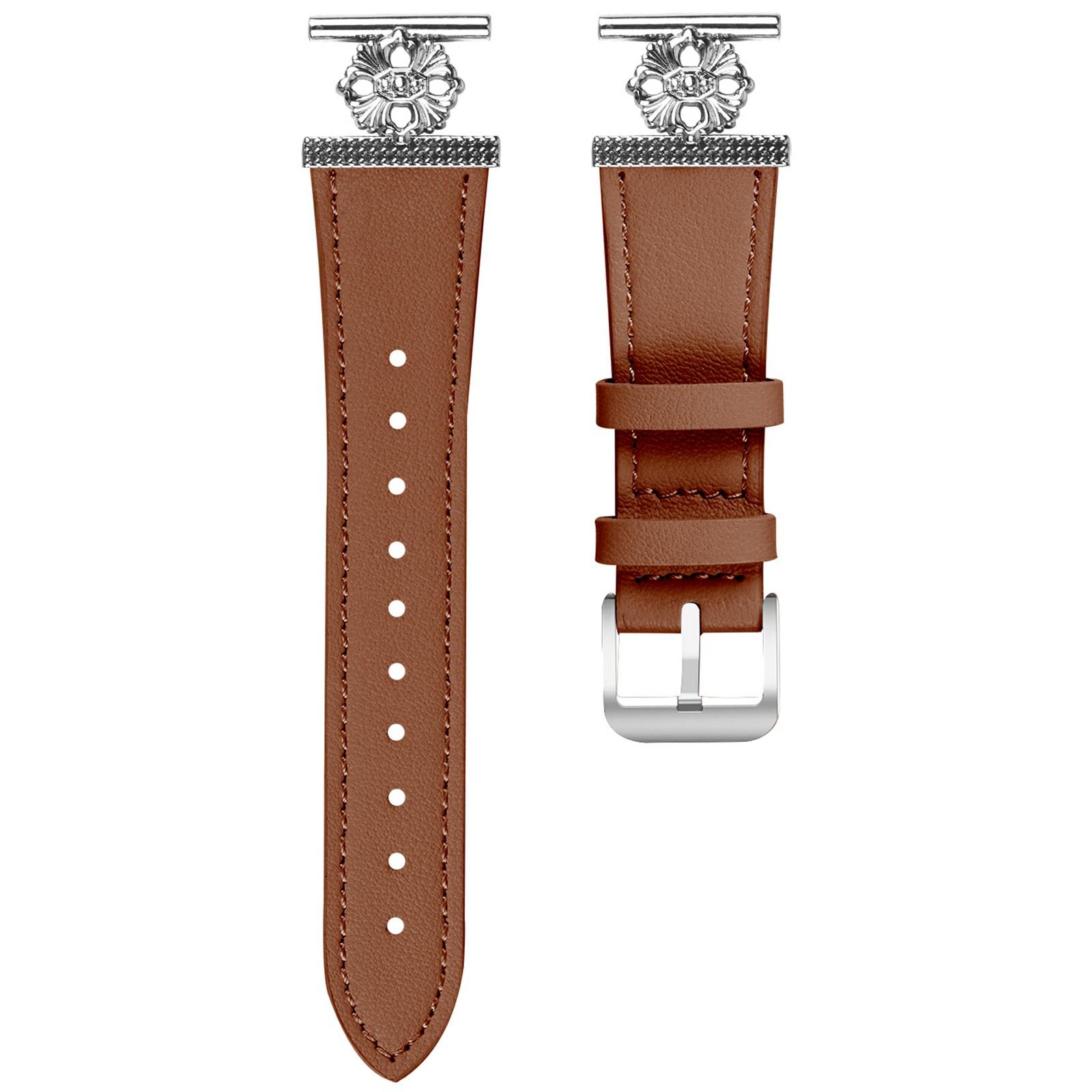 

For Huami Amazfit GTR Mini Watch Band Genuine Cow Leather Flower Decor Adjustable Strap Brown