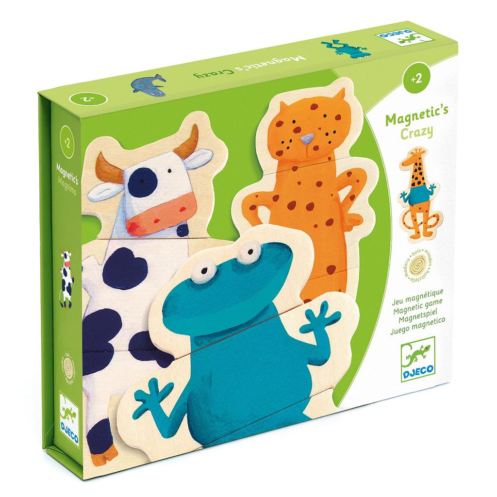 DJECO Crazy Animal Magnets, Educational Toy, Wooden Puzzle, Educational Magnetic Whiteboard, Nordic Montessori Style, Ages 2, 3, 4, 5, 6, Boys and