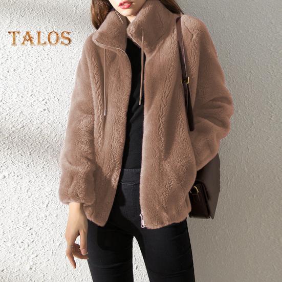 Wintermantel für Damen, Stehkragen, Nackenschutz, doppelseitig, dicker Plüsch, einfarbig, lange Ärmel, Reißverschluss, Strickjacke, Jacke für den täglichen Weg zur Arbeit