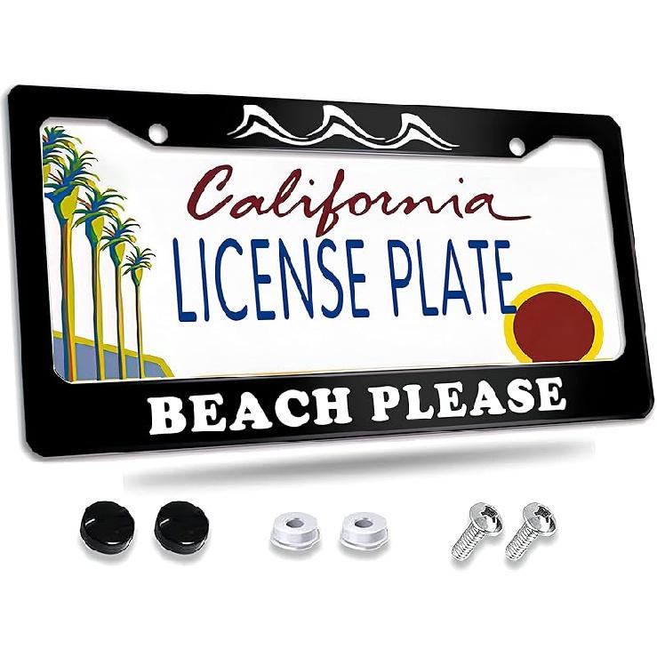 License Plate Frame Paw Print License Plate Frames,Decorative Car Tag Frames Aluminum Metal License Plate Holder for US Canada Standard 12  x6   Beach Please