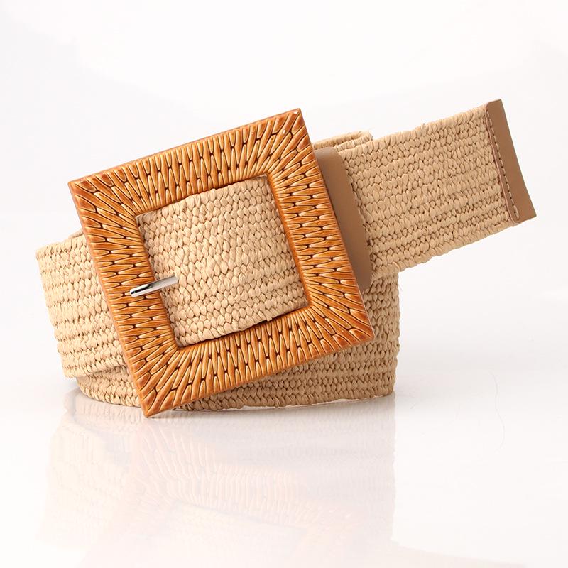 Women's Wide Round Buckle Elastic Belt - Cotton & Linen, Straw Style, Mori Girl Fashion.