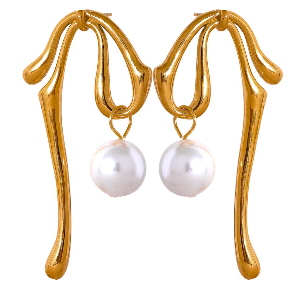 

Yhpup Stainless Steel Bow Tie Imitation Pearls Drop Large Earrings for Women Personalized Fashion Gold Color Waterproof Jewelry