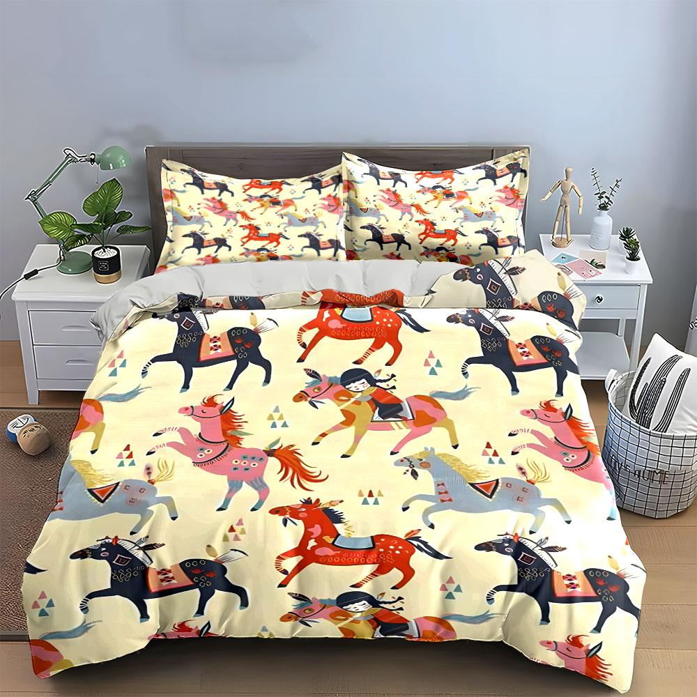 Colorful Horse Pattern Decor Set Bedding Set with 1 Duvet Cover 2 Pillowcases Single Double King Queen Gift