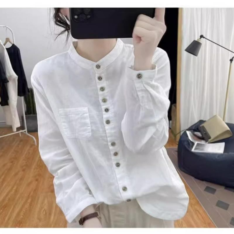 Southeast Asia Retro Stand Collar Plus Size Cotton Linen Shirt - Casual Loose Fit Long Sleeve
