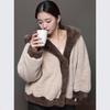 Autumn and winter contrasting color splicing plush jacket women's fur integrated hooded fur casual coat temperament commuting
