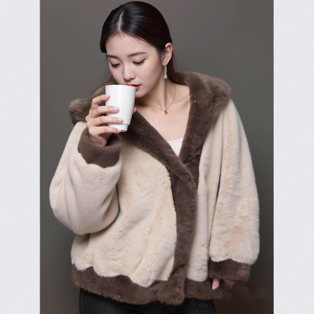 Autumn and winter contrasting color splicing plush jacket women's fur integrated hooded fur casual coat temperament commuting