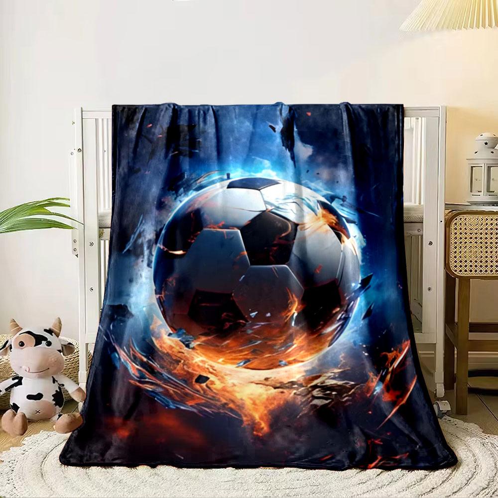 A Fiery Soccer Ball Surrounded by Intense Glowing Flames and Debris. for All Seasons Blanket Lunch Break Throw Gift