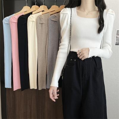 Women's New Autumn and Winter Knitted Collarbone Low-neck Sweater Short Black Puffed Sleeve Top Tide