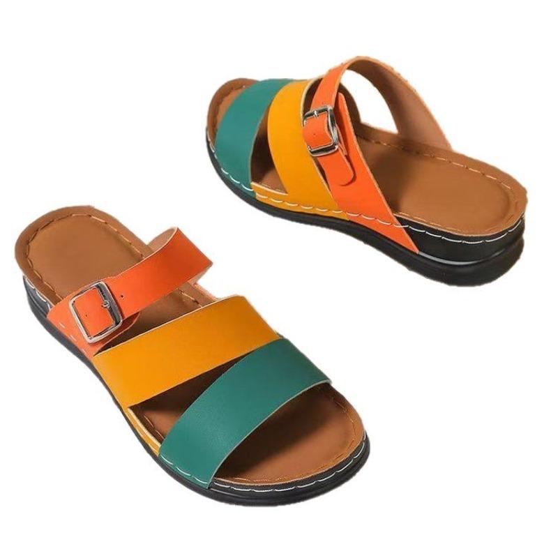 Women's Plus Size New Summer European American Style Color Blocking Wedge Heel Open Toe Slide on Beach Sandals