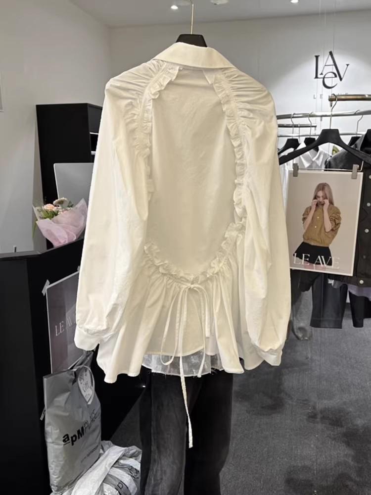 Korean Style 2026 Spring Waist-Cinching Lace Tie-Up Open Back Elegant Shirt