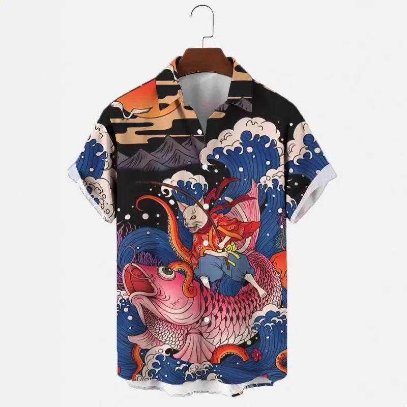 Summer Casual Street Fashion Koi Fish Pattern Hawaiian Men's