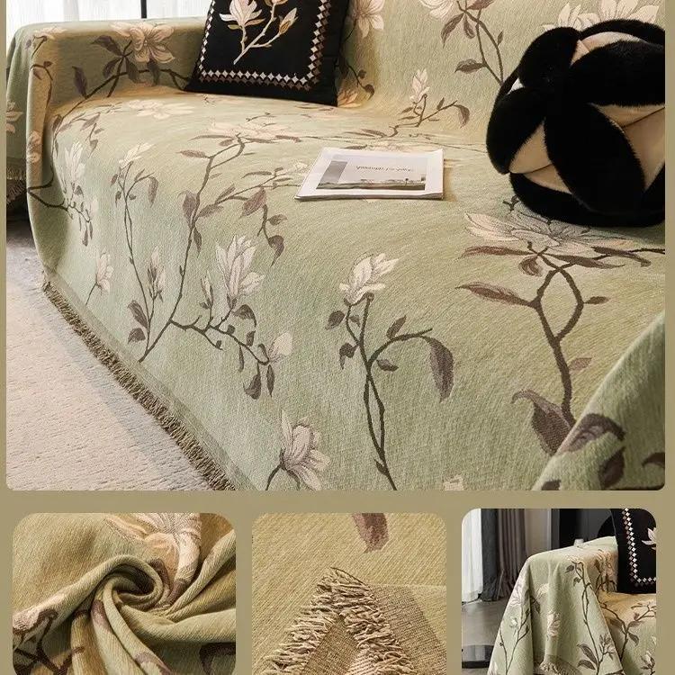 

Винтажные салфетки из шениллового жаккарда для дивана Four Seasons Universal Senior Dust Cover Fabric One Piece Tassel Edge Comfort Nap Blanket 130x180cm зелёный