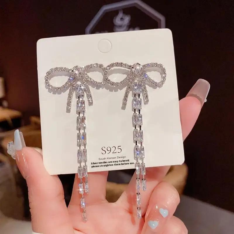 1 Pair Dangle Earrings Bowknot Shape Shining Rhinestones Lady Earrings Heart Imitation Pearls Tassel Jewelry Accessory