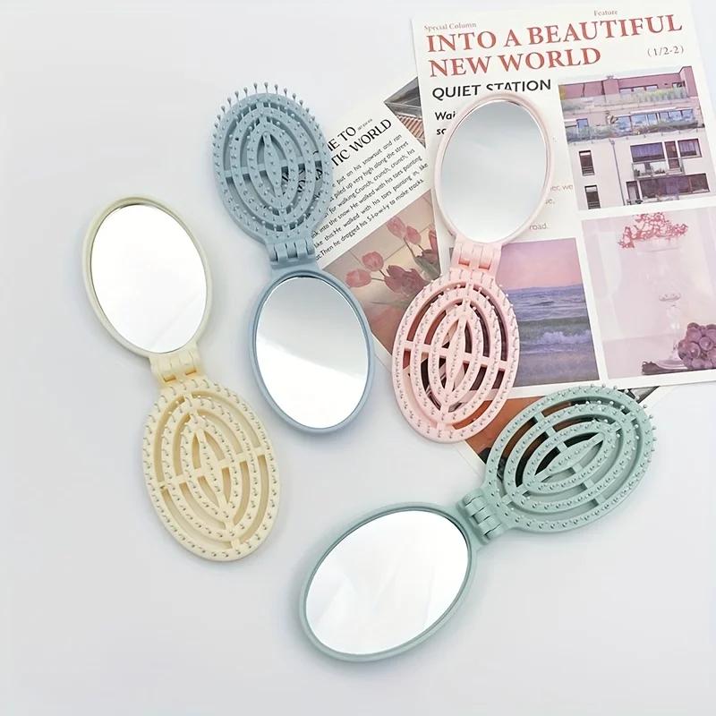 1pc Lightweight Portable Folding Hairbrush with Mirror | Durable ABS Plastic, Round Handle, Travel, Outdoor, Office, School Use