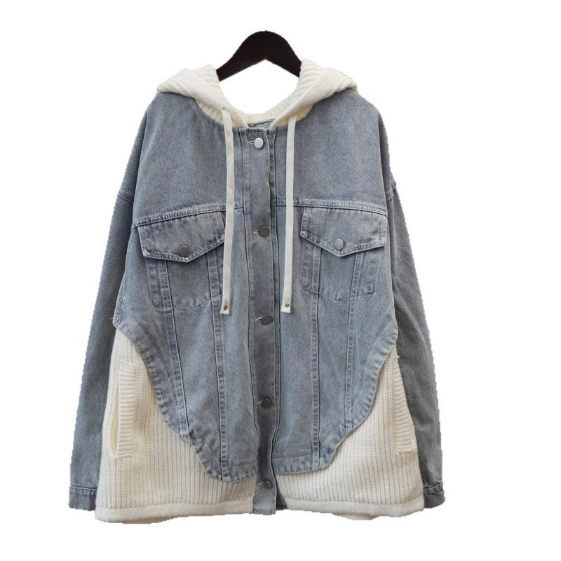 Autumn and Winter New Loose Casual Hooded Design Sweater Jacket Femininity Splicing Denim Knitted Cardigan