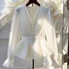 Women's Autumn French Temperament V-neck Long Sleeved Top High-end White Shirt