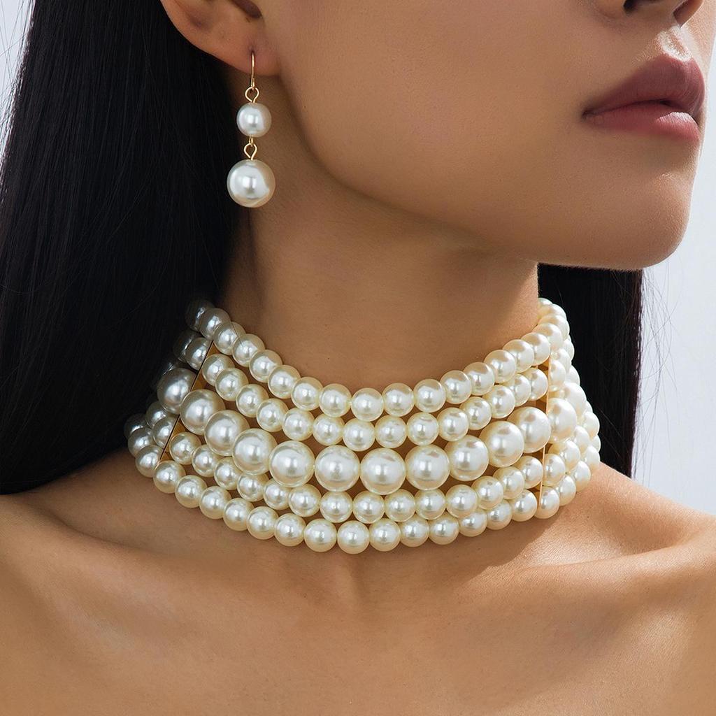 Vintage Multi-Layer Imitation Pearl Choker Necklace and Earring Set for Women