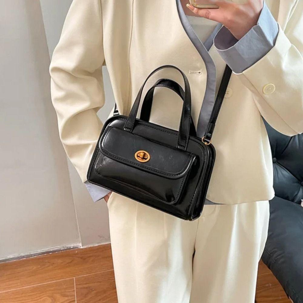 Solid Color Pocket Boston Tote Bag Korean Style Underarm Bag Mini PU Bowling Bag  Girls