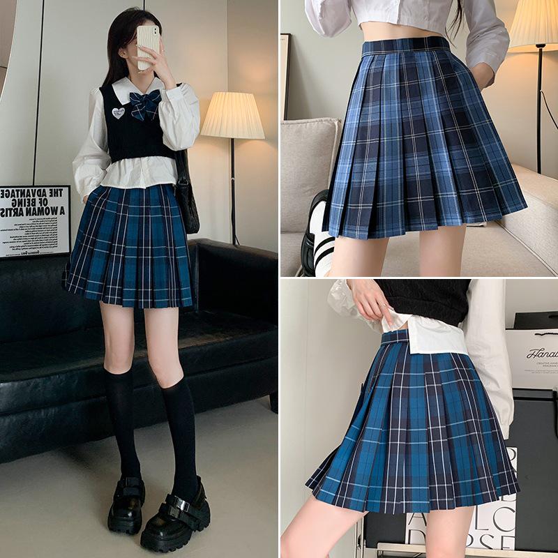 Women's Blue Plaid A-Line High Waist Pleated Skirt - College Style, Plus Size, Short Length for Spring & Autumn