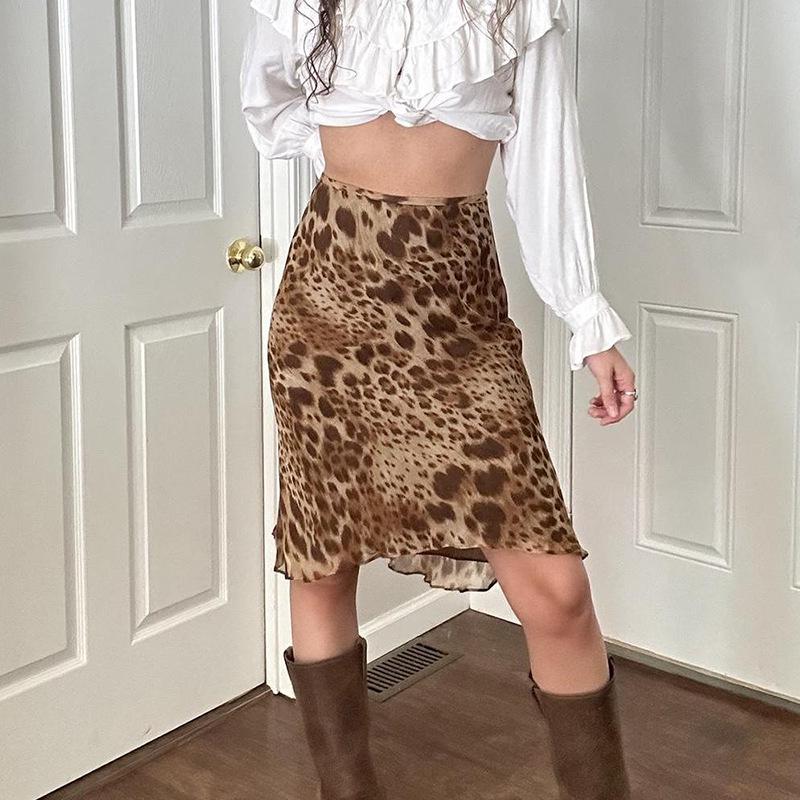 American Retro Leopard Print Mesh High Waist A-Line Skirt
