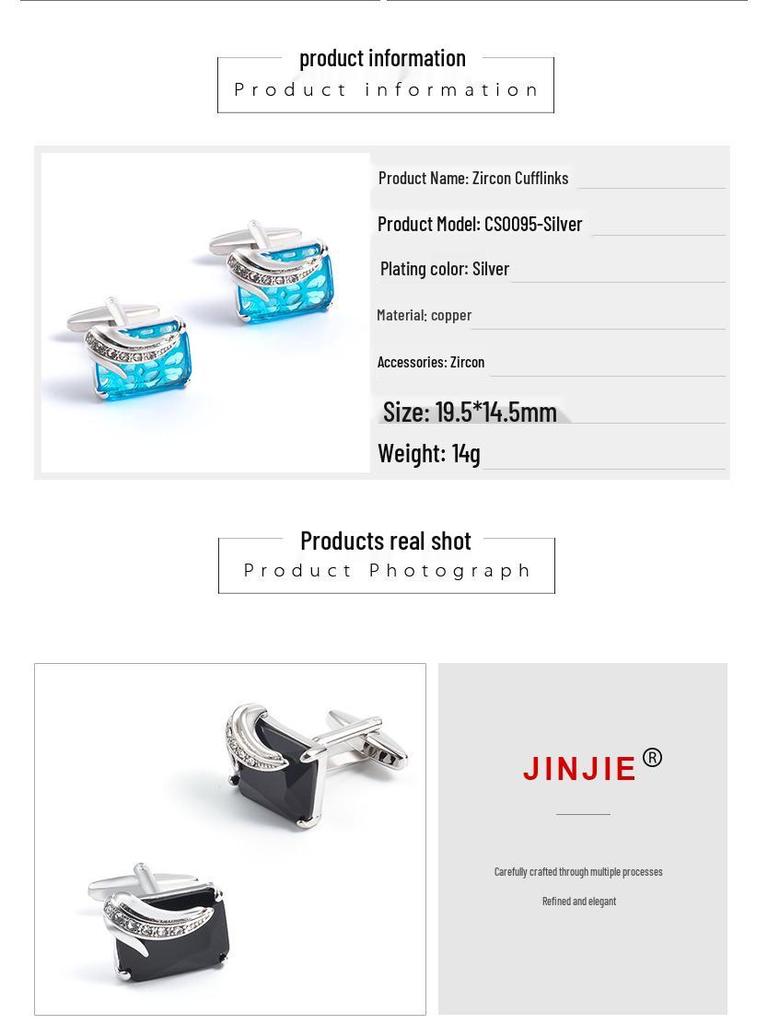 European and American Men's Silver Square Cufflinks with Rhinestone Crystal Zircon