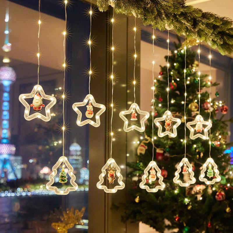 Christmas Decorations LED Lights Flashing Light String Snowflake Stars Christmas Tree Window Store Curtain Lights Pendant
