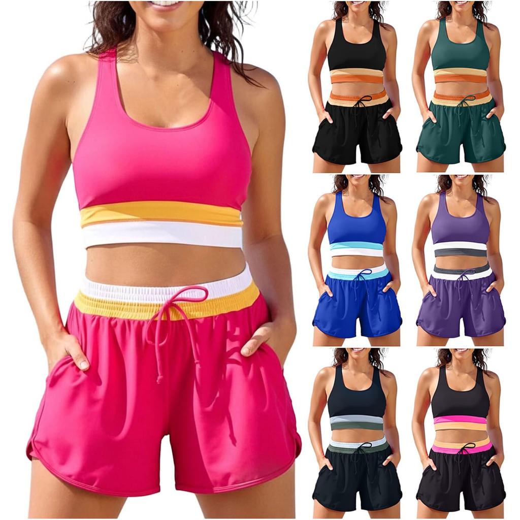 Damen Sport Zweiteiler Badeanzug mit herausnehmbarer Polsterung Trägerloses Oberteil und Kordelzug-Shorts für Sport und Schwimmen