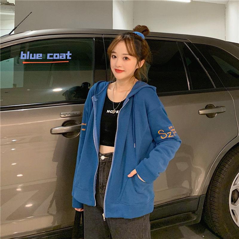 Casual sweater jacket women's thin loose Korean version short man with bf hooded zipper cardigan
