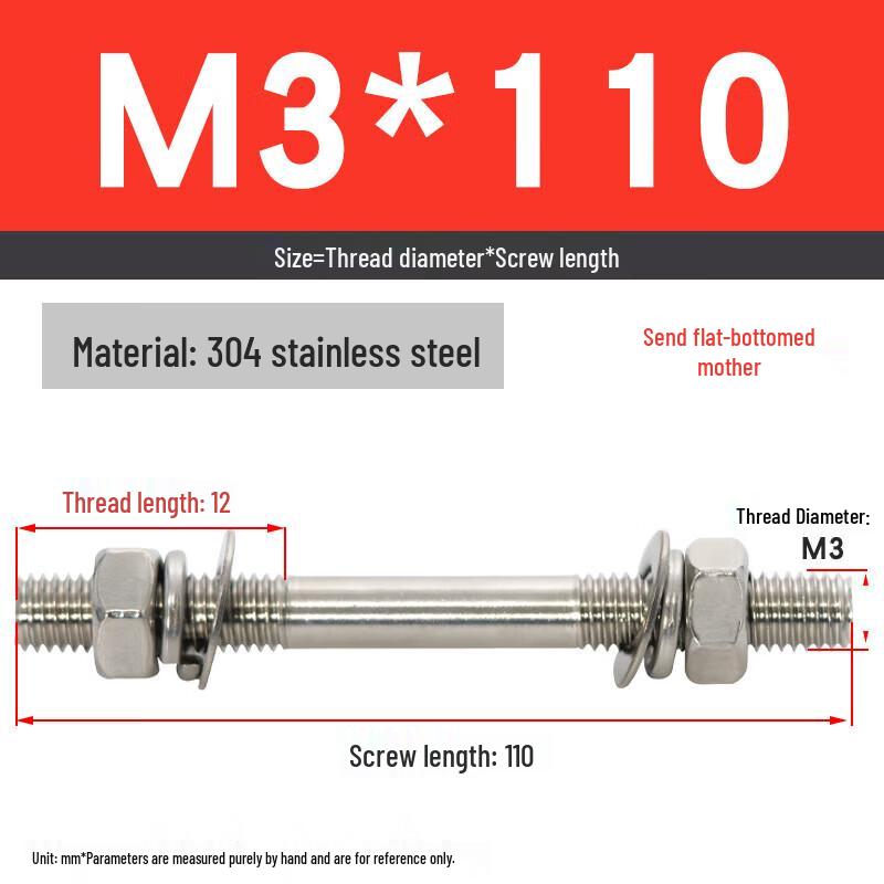 Yishuxiang M3x110 304 Stainless Steel Double-Ended Rod & Nut Set