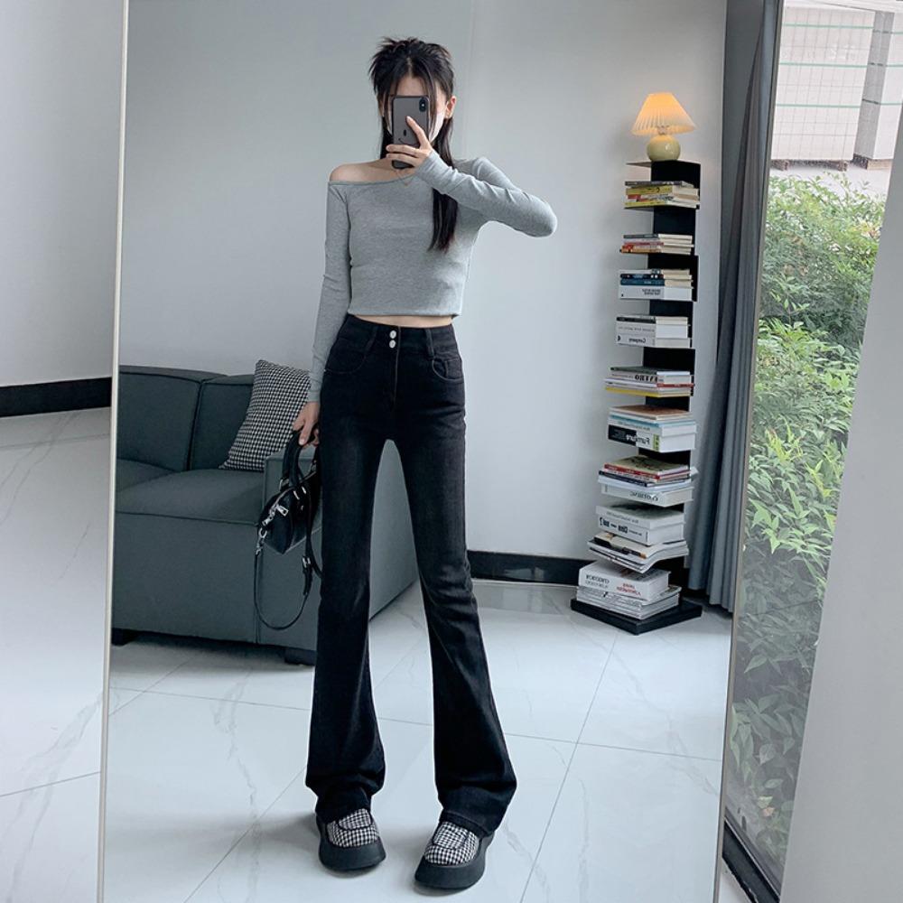 Commuting high-waisted and slightly pulled jeans women's spring and autumn new double-buckle thin pear-shaped figure micro-flared jeans