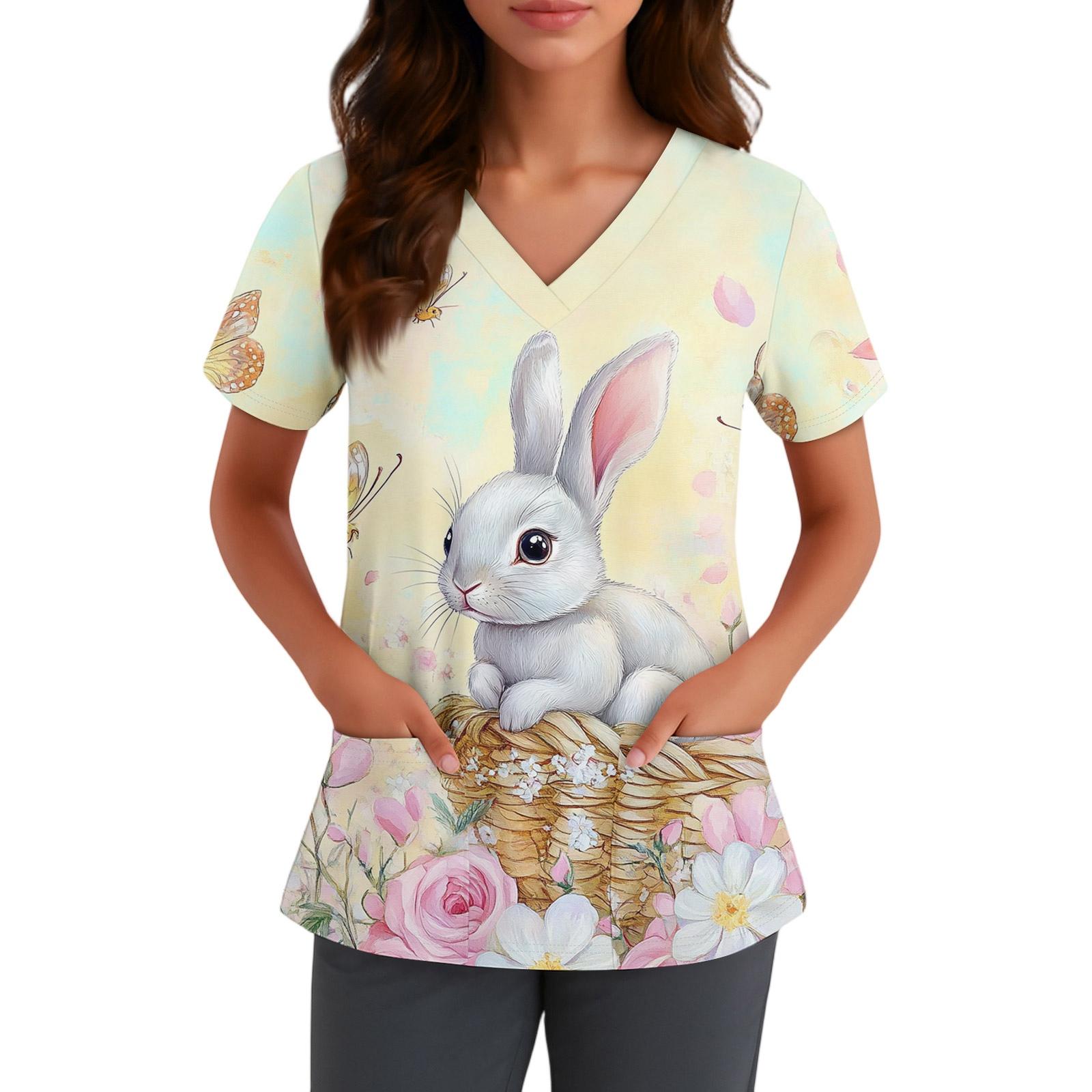 

Жіночий милий топ з принтом бантиків для роботи, з V-подібним вирізом, подвійним шаром, кишенями, базовий, з коротким рукавом, пуловер L