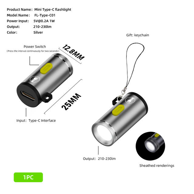 Type-C LED Multifunctional Strong Light Pocket Keychain Flashlight Outdoor Hiking Camping Mini Flashlight Small Torch Light