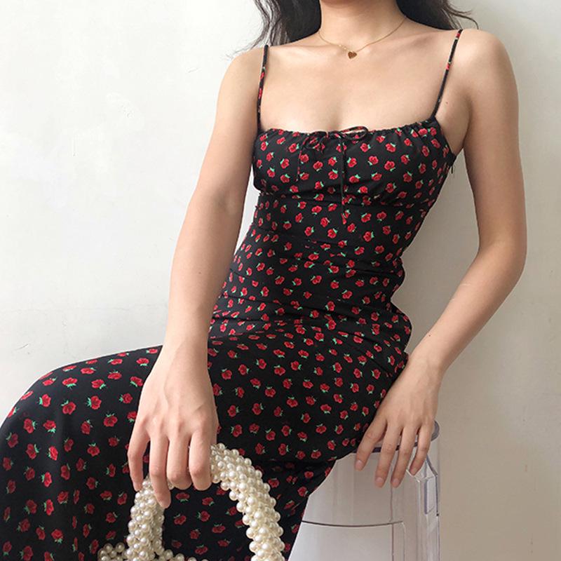 

Ретро Французское Цветочное Приталенное Платье с Завышенной Талией Черное XL