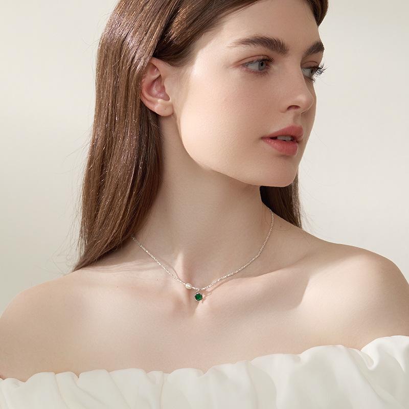 925 Sterling Silver Emerald Square Diamond Clavicle Chain Necklace - Handmade Beaded Jewelry