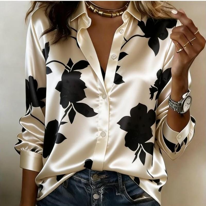 Women Satin Big Floral Print Shirt Long Sleeve Lapel Button‑Down Blouse Elegant Office Party Casual Ladies Multi‑Color Top
