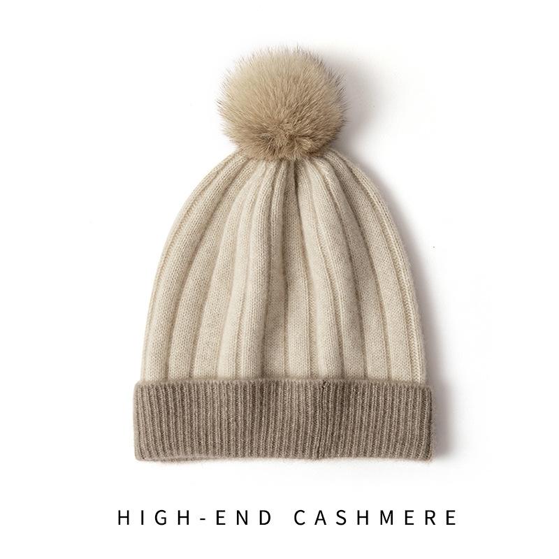 

Cashmere Autumn and Winter New Style Women s High End Color Matching Fur Ball Thickened Warm Fashion Knitted Casual Hat One Size