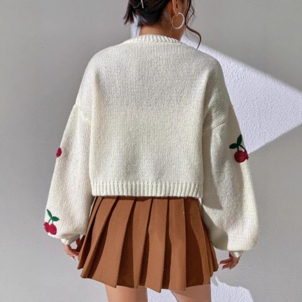 Europe, America, Autumn and Winter New Three-dimensional Cherry Embroidered Sweater Women's Buckle-free Loose Knitted Cardigan