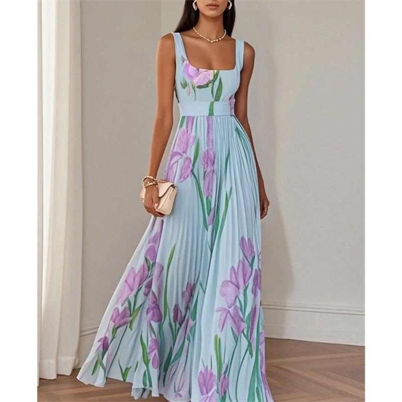 

Европейский и американский стиль Элегантное вечернее платье Плиссированное платье с принтом Летнее новое платье без рукавов Длинное платье XL