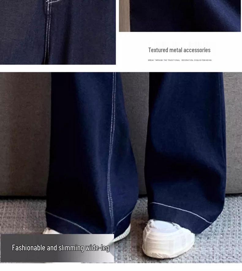 Women's High-Waist Straight-Leg Jeans with Leather Patch - Blue Wide-Leg, Floor-Length Denim for Autumn and Winter.