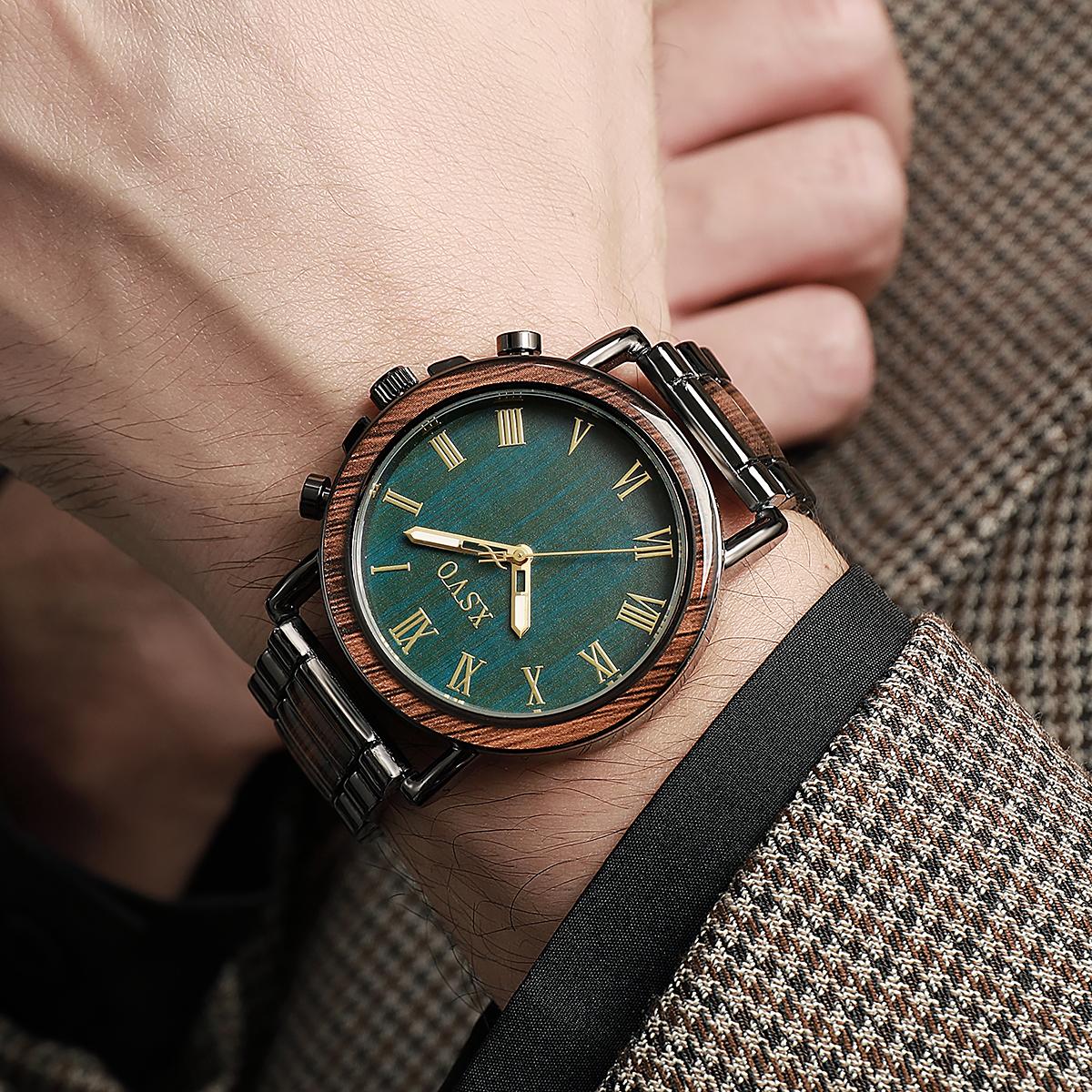 

New Fashionable Disc Multi functional Nail Bar Roman Scale Men s Steel Room Wooden Quartz Watch зелений