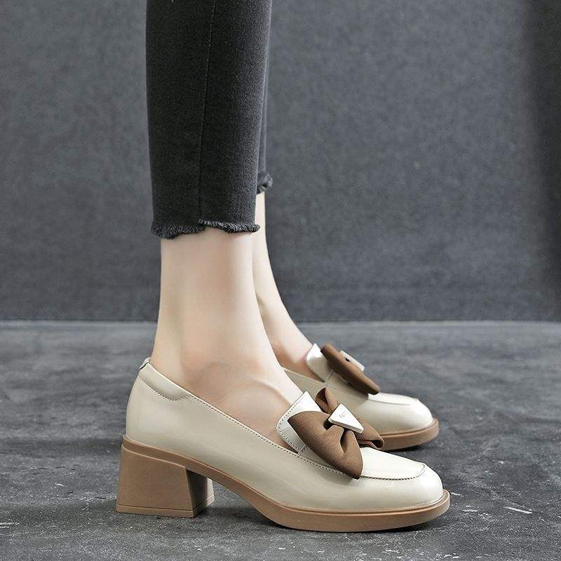 Real soft leather British style single shoes women's thick heel new autumn and winter bow middle heel women's shoes square head small leather shoes